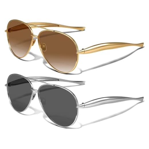 YDAOWKN Óculos de sol aviador retrô dourado para mulheres e homens, óculos de sol grandes aviadores dos anos 70, Armação B dourada dégradé lente marrom + armação prata lente preta, 2pack