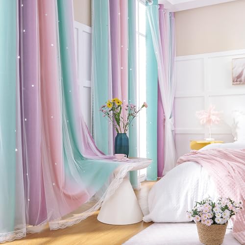 Image of XiDi Curtains for Bedroom Decor, Rainbow PinkPuGreen-62-84