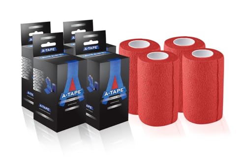 Image of A-Tape Breathable Self Adhesive Cohesive Bandage for Humans & Pets (Dogs, Cats, Birds) -Sports, Wrap, Athletic, Non Woven First Aid Medical, Wrist, Swelling (10 cm X 4.5 mtr) (Pack Of 4, Red)