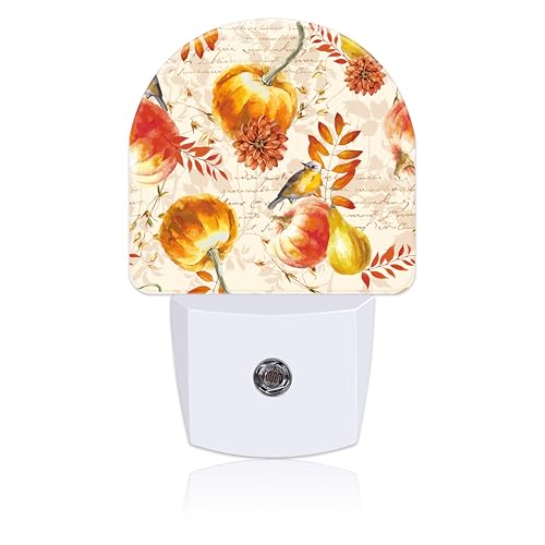 Image of Autumn Fall Pumpkins and Leaves Night Light Plug into Wall with Dusk to Dawn Sensor Cute Nightlight for Kid Girls Boys Women Men Room Decor, Hallway, Kitchen, Bathroom, Nursery, Stairs