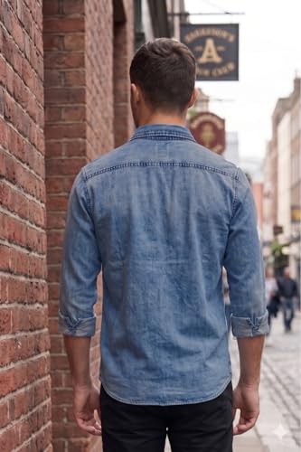 Image of Louis Philippe Men's Slim Fit Classic Denim Wash Stylized Fashion Full Sleeve Casual Shirt