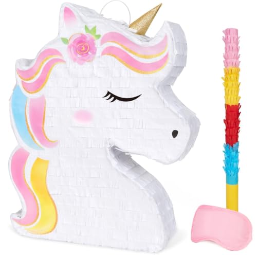 WERNNSAI Einhorn Pinata - Geburtstag Piñata Mädchen Kindergeburtstag Deko Einhorn Piñata mit Augenbinde Schlagstock Rosa Regenbogen Geburtstagsparty Dekorationen Partspiel Zubehör (40 x 31 x 8 cm)