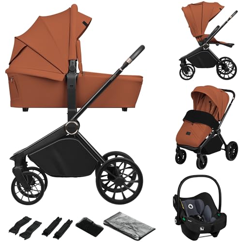 LIONELO MIKA PLUS 3 en 1 Silla de Paseo Bebe 0 48 meses a 22 kg Capazo hasta 9 kg Silla de Coche Portabebés hasta 13 kg, Respaldo Ajustable, Suspensión, Ruedas 360° Capota XXL Carrito de Bebe (Brown)