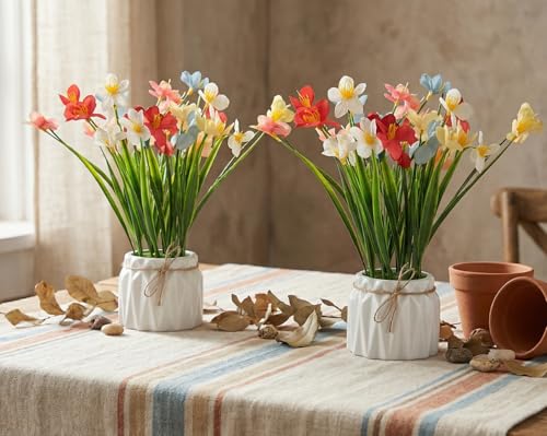 Image of Dekorly Artificial Lavender Plant in White Pot, 18cm - Realistic Faux Flower Arrangement for Home & Office Decor (Set of 1) (2, Grass Lily)