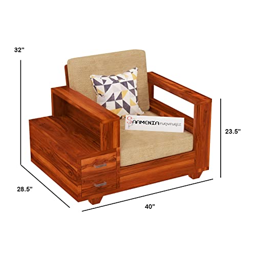 Image of Sheesham Wood Single Seater Sofa | 1 Seater Sofa with 2 Drawer Storage | Wooden Sofa Set Furniture for Living Room Home Office (Honey)