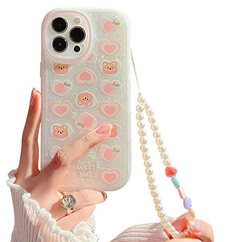 Nititop Compatible With Iphone 13 Pro Max Case, Cute Cartoon Love Bear Peach With Heart Beaded Lanyard Wrist Strap For Women Girls, Shell Pattern Soft Tpu Full Protective Cover- Pink Bear2 #TOP14