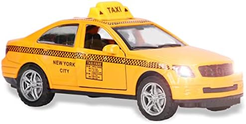 Diecast Pullback Taxi Cab Model Car - 1:40 Scale Yellow Taxi with Flashing Light & Sound, Opening Doors - Collectible Die Cast Metal Model Toy Vehicle