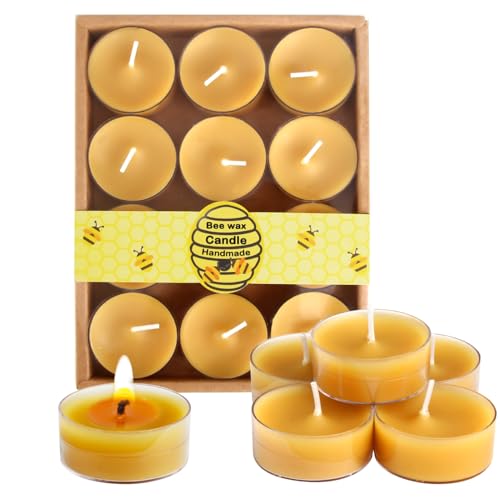 Multipack of 12 Pcs Yellow 100% Pure Beeswax Tealight Candles of 4 Hours Burning Time Outdoor Candle Wax,Bees Tea Lights Candles with Cotton Wick for Relaxation, Handmade, Allergen Safe and Non-Toxic