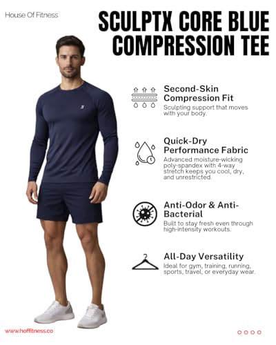 Image of Men's Blue Lycra Spandex Compression Solid Quick Dry Full Sleeve Regular Fit Round Crew Neck Active Sportswear Gym T-Shirt for Workout Training Running and Fitness Activities
