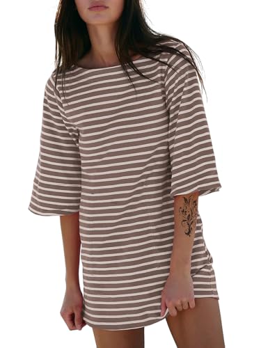 Image of EXLURA Women's Summer T Shirt Dress Casual Short Sleeve Loose Striped Mini Dresses 2026 Vacation Beach Sundress Pockets