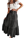 utcoco Women's High Waist Long Denim Skirt Button-Fly Tiered Ruffle Swing A-Line Jean Maxi Skirt with Pockets (Large, Black Grey)