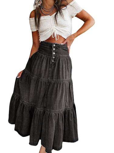 utcoco Women's High Waist Long Denim Skirt Button-Fly Tiered Ruffle Swing A-Line Jean Maxi Skirt with Pockets (Large, Black Grey)