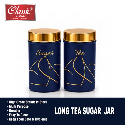 Image of Classic Steels Premium Long Tea & Sugar Canister Set (850ml) (Blue) | Airtight Kitchen Canisters Stainless Steel Storage Jars with Gold Lid & Label | Matte Finish Kitchen Storage Container Set