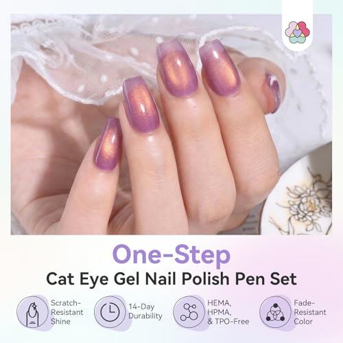 Image of SAVILAND One-Step Cat Eye Gel Nail Polish Pen Set: 3-In-1 Gel Nail Pen Glitter Glass Yellow Green Pink Magnetic Gel Polish with Magnet Quick Salon‑Quality Cateye Effect Easy to Use Women Home Travel