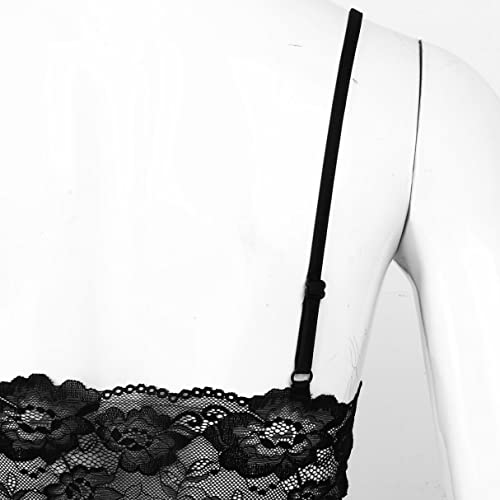 Yizyif Men's Smooth Spandex Sissy Lingerie Sleeveless Blouse Tank Shirt Camisole Top Lace Black Medium #TOP6