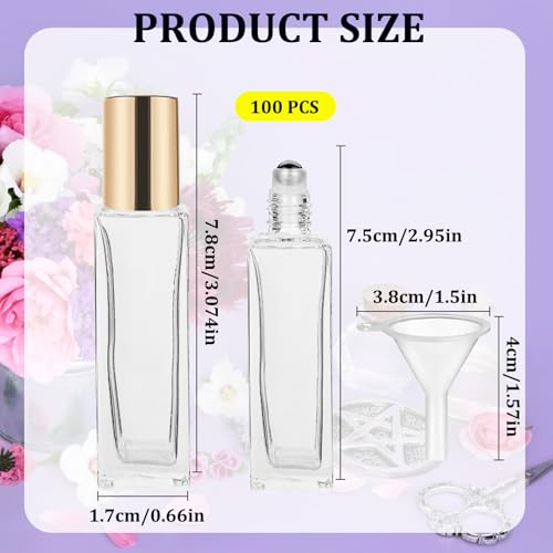 100 Pcs 10 ml Roller Bottles for Essential Oils, Square Thick Empty Glass Roller Bottles with Stainless Steel Roller Balls Protection Leakproof with 5 Funnel for Travel2