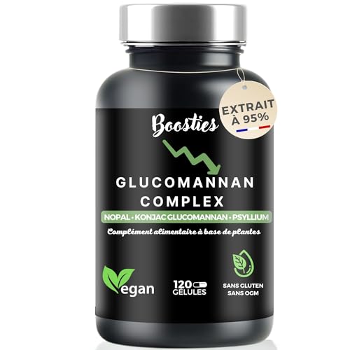 Konjac Glucomannan (95%), Nopal, Psyllium, Chrome – Triple action : Favorise la satiété + Favorise la digestion + Glycémie stable + 120 gélules – Végan