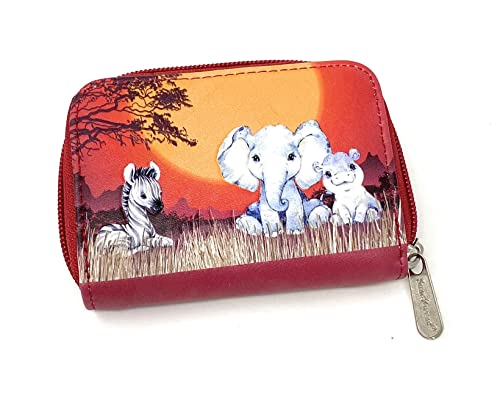 Shag Wear Babies of Africa Elephant Zebra Hippo Giraffe Cheetah Small Change Purse for Women and Teen Girls Vegan Faux Leather Red 4.25"2