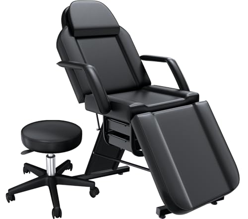 Felivine Black Tattoo Chair for Client Tattoo Bed Facial Chair for Esthetician Tattoo Table Esthetician Beds Facial Beds whth Hydraulic Rolling Stool for Spa Beauty, 2 Trays, Adjustable Back & Leg