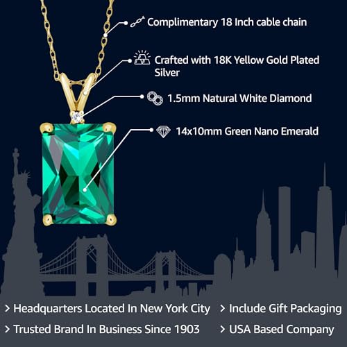Gem Stone King 18K Yellow Gold Plated Silver Emerald Cut Gemstone Birthstone and Round Accent White Diamond Pendant Necklace for Women | 14X10MM Emerald Cut and 1.5MM Round | With 18 Inch Silver Chain2