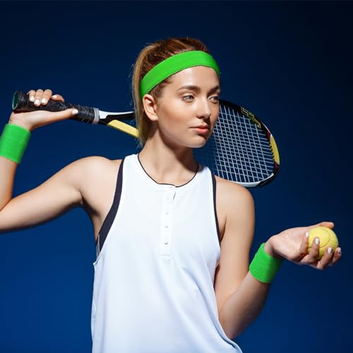 Meng Jiaran 9Pcs Sports Headband and Wristbands Set 80s Neon Sweat Bands Absorbent Sweatbands Cotton Head Band Wrist Bands Set for Running Exercise Gym Sports Tennis Basketball - Image 5