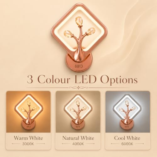 Image of Rose Gold LED Wall Light for Home Decor | 3 Color Changing Crystal Wall Lamp with Warm, Neutral & Cool White Modes | Modern Decorative Luxury Sconce for Bedroom, Living Room & Bedside