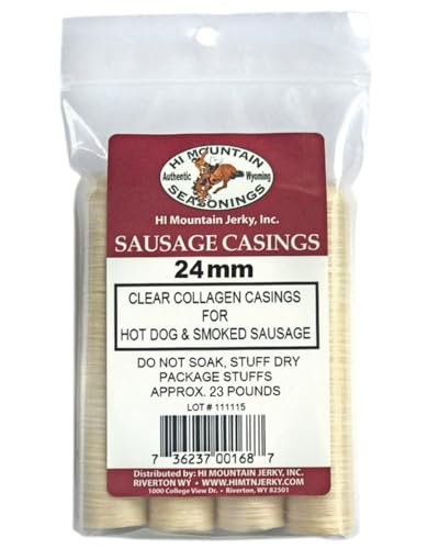 Hi Mountain Seasonings | 24 mm HOT DOG CASINGS | Clear, Edible, Collagen Sausage Casings | Also Great for Brats, Polish, & Italian Sausage Links | Beef, Pork, Venison | Creates up to 30 lbs.