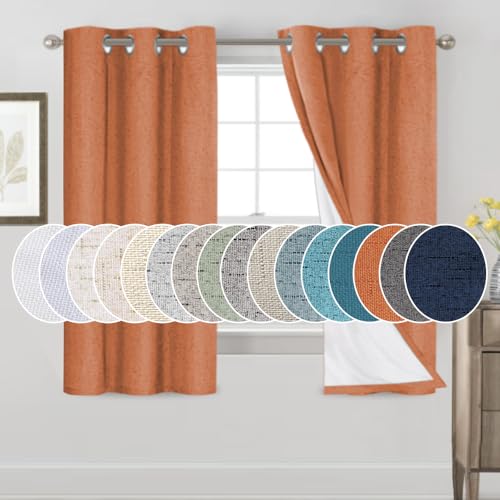 PrinceDeco Linen Texture Curtains 100% Blackout Curtains 64 inch Long 2 Panels Set for Bedroom Living Room Energy Saving Window Treatment Curtain Drapes, Burlap Fabric with White Liner,Orange