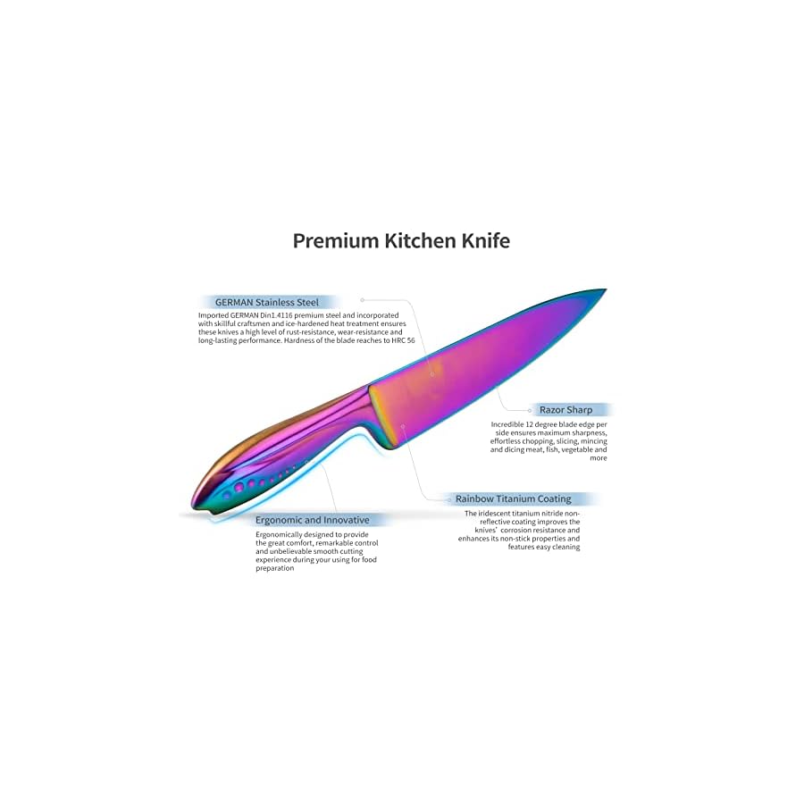 Rainbow Knives Block Set 6 Pieces, Iridescent German High Carbon Stainless Steel Kitchen Knives Pack with Magnetic Knife Display Rack