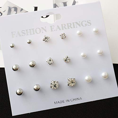 Diamond Pearl Stud Earrings Set For Women Girls Silver And Gold Jewerly 18 Pairs #TOP1