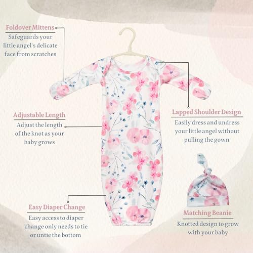 Newborn Baby Sleeper Gown with Hat Knotted Gown Nightgown Coming Home Outfits for Baby Girl 2 Pieces Set2