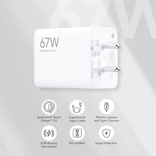 Image of Mi Xiaomi Original 67W Fast Charger Combo /Rapid Charging with Qualcomm Quick Charge 3.0. Includes USB Type-C 6A Fast Charge Cable. Compatable with mobiles, laptops, and Power Banks (White)