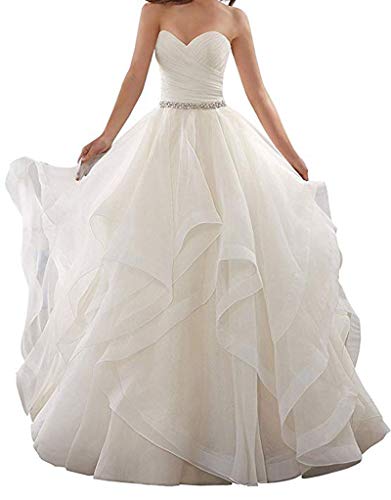 Botong Sweetheart Backless Ruffles Organza Beaded Wedding Dress Bridal Ball Gown for Bride 16 White