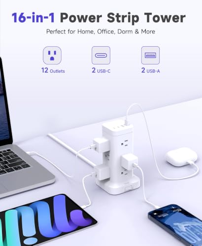 Tower Power Strip with PD 30W Fast-Charging Port, 12 Outlets, 4 USB Ports (2 USB-C), 1800J Surge Protector, Charging Station for Multiple Devices,10FT Extension Cord, White, Home Office Essentials - image 7