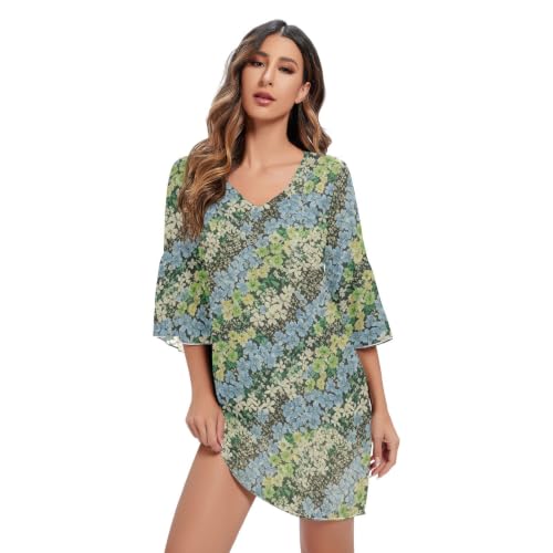Robe décontractée en mousseline de soie noble bleu fleurs sauvages