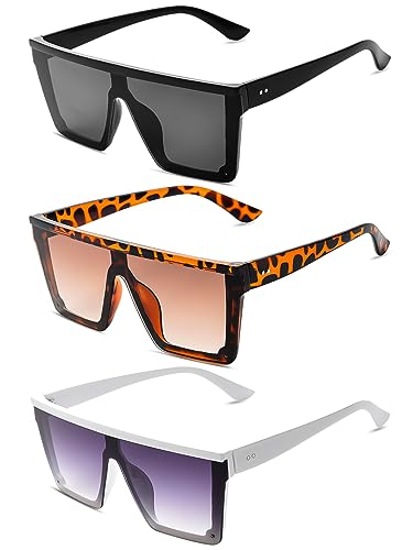 3 Pack Oversized Square Sunglasses for Women Men Large Flat Top Thick Frame Big Sun Glasses UV400 Protection