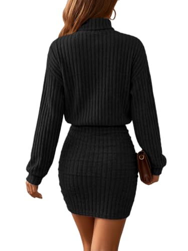 Saodimallsu Damen Strickkleider Minikleid Langarm Rollkragen Schwarz S – Ansicht 5