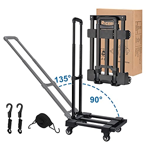 Luggage Cart Riceel Hand Truck Foldable 220Lbs Heavy Duty Folding Hand Truck With 90°-135° Adjustable Handle,3 Elastic Ropes For Travel,Moving #TOP6