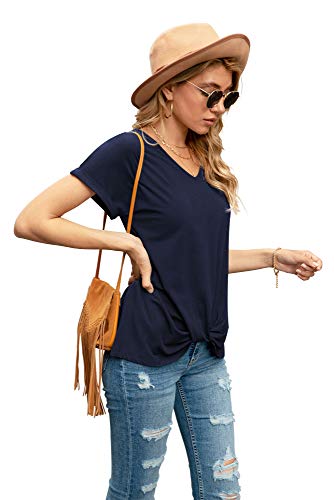 Iandroiy Women's Rolled Short Sleeve Casual Loose T Shirts Twist Knot Tunics Tops (Large, Navy Blue) #TOP2