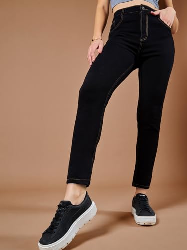 Image of Miss Chase Women's Skinny High Rise Cropped Fringed Hemline Detailing Stretchable Denim Jeans