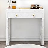 intahic Vanity Desk Without Mirror, Glass White Marble Makeup Table with Drawers Small Vanity Makeup Desk No Mirror for Bedroom (Tempered Glass Surface) (31.49inch, Desk Only)