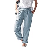 Placitiume Pantalones rectos casuales para mujer con cintura elástica y bolsillos, pantalones cómodos, azul, 3XL