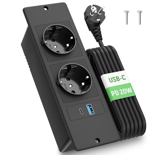 Regletas Enchufes de Mesa con USB C PD20W, Enchufe Empotrable con 2 enchufes con USB, Toma de Sobremesa Empotrable con 2 Tornillos para Encimera, Muebles de Cocina, 1,8M Cables, 10 A/2500 W, Negro
