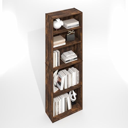 Image of Furinno Jaya Simply Book Shelf, 5-Tier Bookshelf, Bookcase with Adjustable Shelves, 9.5 x 24.5 x 71.2, for Living Room, Bedroom, Home Office, Amber Oak