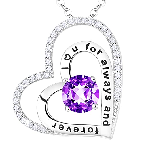 ELDA & CO. Christmas Birthday Gifts for Mom Wife Amethyst Necklace Sterling Silver Double Hearts I Love You for Always and Forever Jewelry