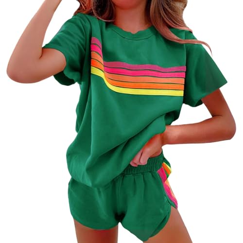 2 Piece Lounge Sets for Women Summer Rainbow Striped Tops Casual Shorts Color Blocked Suit Sweatshirts Set