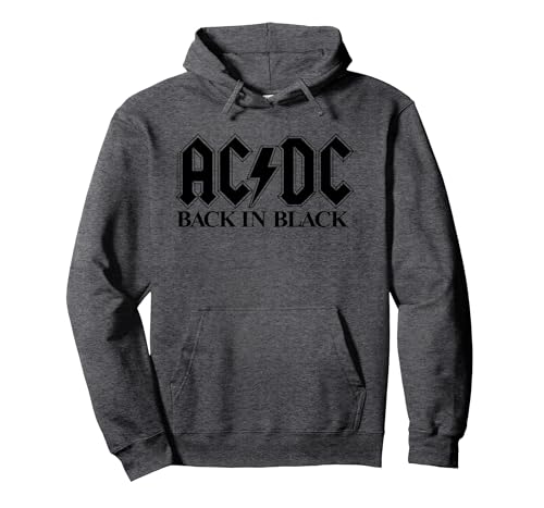 Official AC/DC Back In Black Logo Rock Band Music Vintage Pullover Hoodie, Adult Unisex, Dark Heather Grey, Large