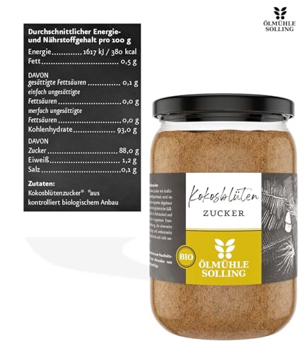 ÖLMÜHLE SOLLING - BIO Kokosblütenzucker | Kokosblütenzucker hergestellt aus dem Nektar der Kokosblütenknospe. Ideal zum Süßen von Kaffee, Tee, Süßspeisen und Backwaren | Inhalt: 350 g
