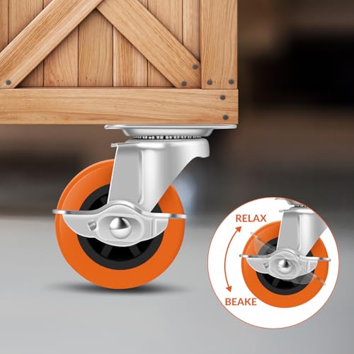 BOSGEOT Caster Wheels, 3 Inch Casters Set of 4, Heavy Duty Caster with Brake, Locking Castors with Polyurethane Wheel,Plate Swivel Castor Wheels for Furniture Carts,Workbench Casters
