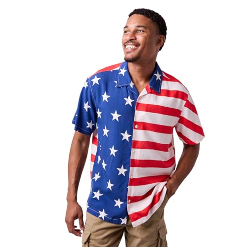 Stars & Stripes United States Flag Mens Collared Button-Up Short Sleeve Shirt - XL